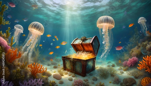 Underwater scene with glowing jellyfish and a treasure chest