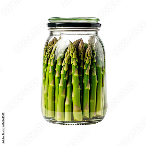 Front view of cut asparagus vegetable in a jar isolated on a white transparent background