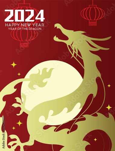 Asian dragon on moon silhouette new year 2024 greetings. Golden dragon shape on red background. Chinese new year of the dragon 2024 vector card.