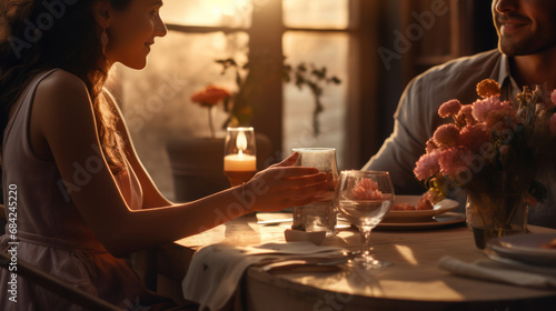 Young couple in a restaurant on a date, drinking wine, enjoying each other. Romantic dinner. Close up of a romantic moment. Concept of love, holiday.