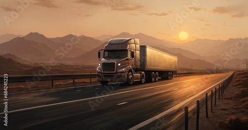 Classic bonneted American semi truck with chrome trim and a refrigerator trailer drive on the straight road in the California fields. AI generated image photo