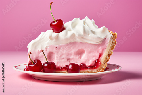 Slice of cherry fruit pie with cream on pink background photo