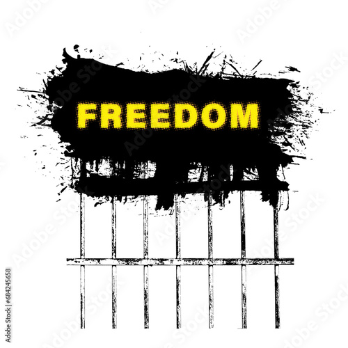 Prison bars and inscription FREEDOM with yellow halftone effect