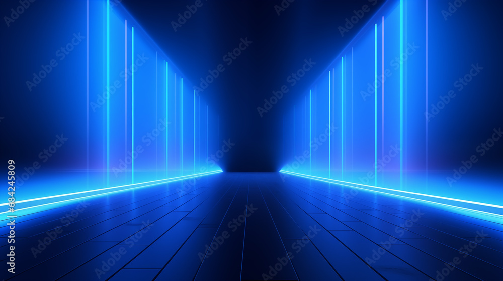 Empty dark abstract background. Background of empty show scene. Glow of neon lights and neon figures on an empty concert stage. Reflection of light on the pavement. Empty dark abstract background. Background of empty show scene. Glow of neon lights and neon figures on an empty concert stage. Reflection of light on the pavement.