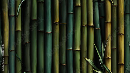 A seamless pictrure of green bamboo. in the style of tonal variations in color  dark emerald and light brown  flickr  textured organic forms  piles stacks - Seamless tile. Endless and repeat print.