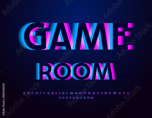 Vector trendy emblem Game Room with glitch glowing Font. Techno style set of Alphabet Letters and Numbers