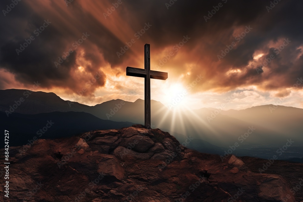 Cross on the rock with dramatic sunset sky background. Christian concept. Cross on the rock with dramatic sunset sky background. Christian concept.