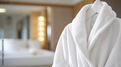 Close up of soft terry cloth spa bathrobe on the hanger