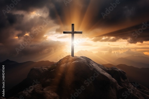 Cross on the rock with dramatic sunset sky background. Christian concept.