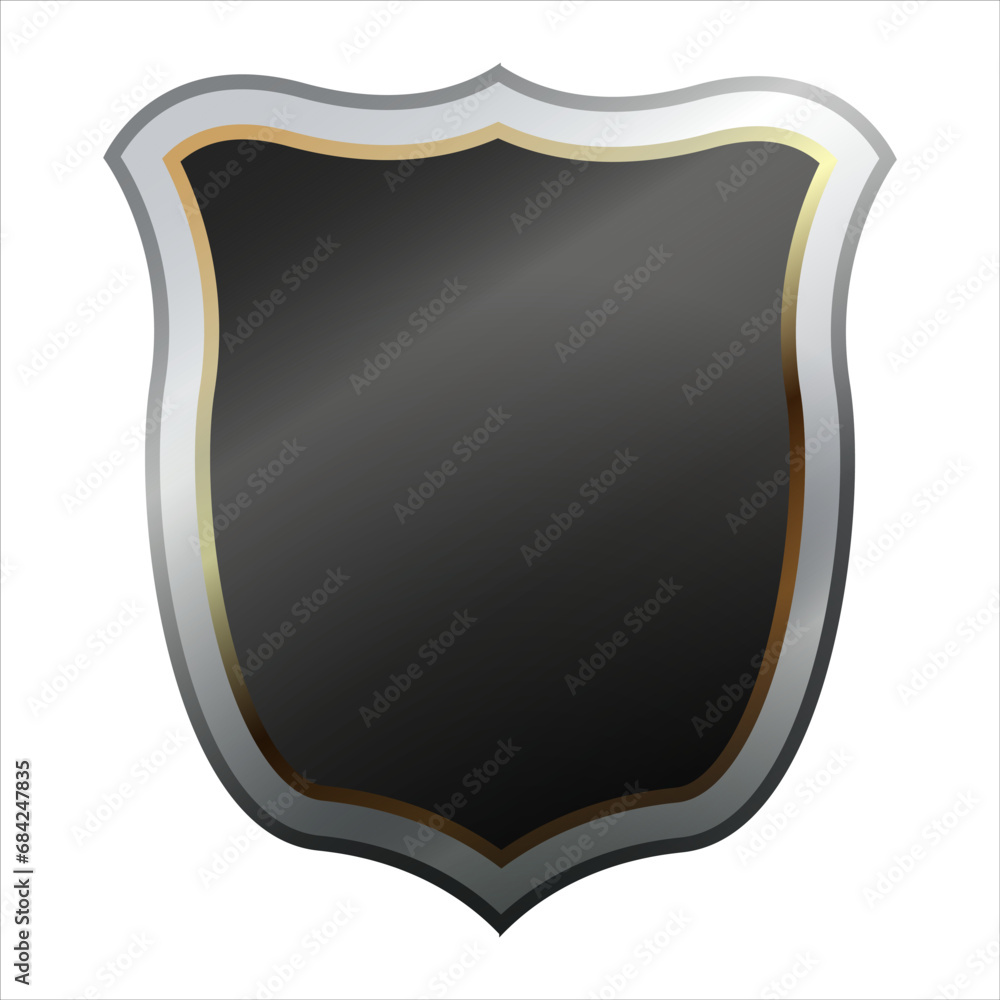 Shield icon with shiny metal frame. Black protection, security, and defense symbol. Medieval design element. Vector shield icon Shield icon with shiny metal frame. Black protection, security, and defense symbol. Medieval design element. Vector shield icon