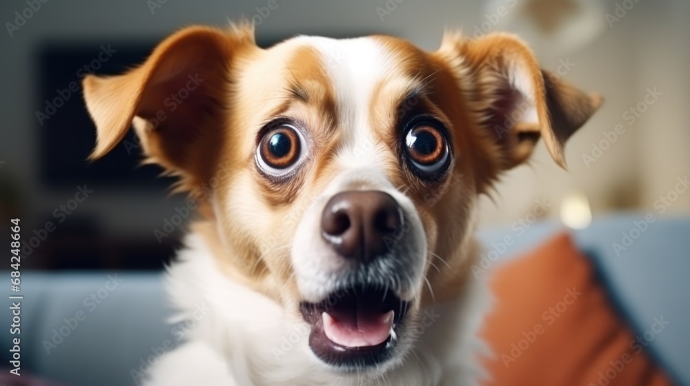 Young crazy surprised dog make big eyes closeup. surprised dog funny face big eyes. Young dog looking surprised and scared. Emotional surprised wide big eye dog at home, high quality photo