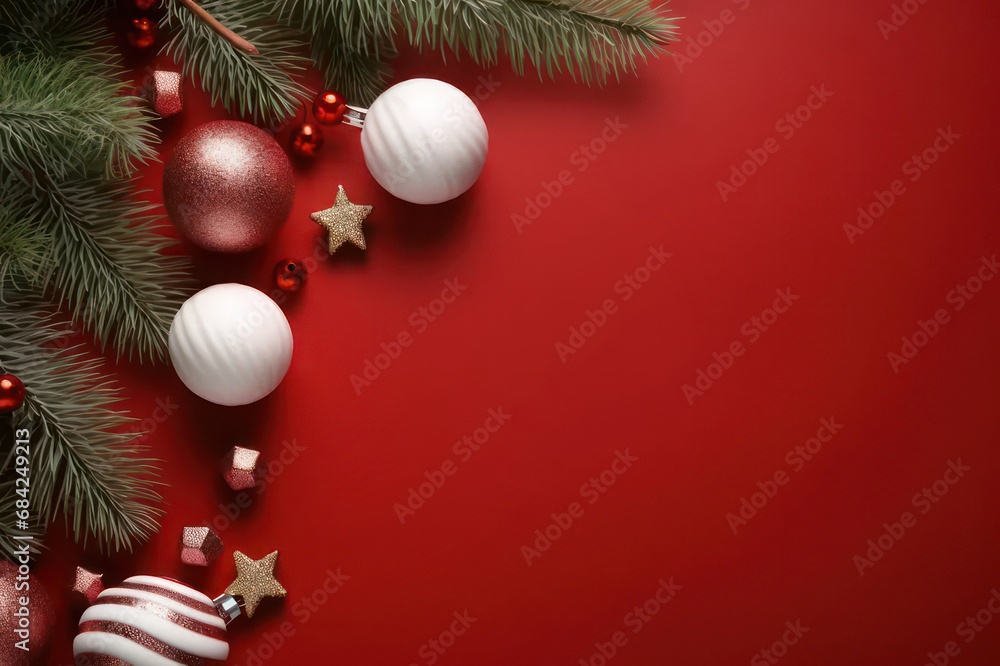 Christmas background with copy space, balls and Christmas tree branches on a red background. AI generative.