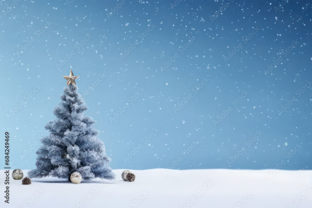 New Year's background with copy space, Christmas tree with a star on a background of snow and sky. AI generative.