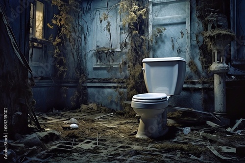Abandoned ceramic toilet bowl in an old abandoned building. photo