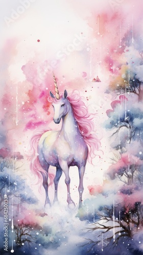 Magical forest with flowers and Unicorn in pastel colors, watercolor illustration