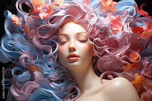 young beautiful woman underwater. portrait of a girl with a lush hairstyle.
