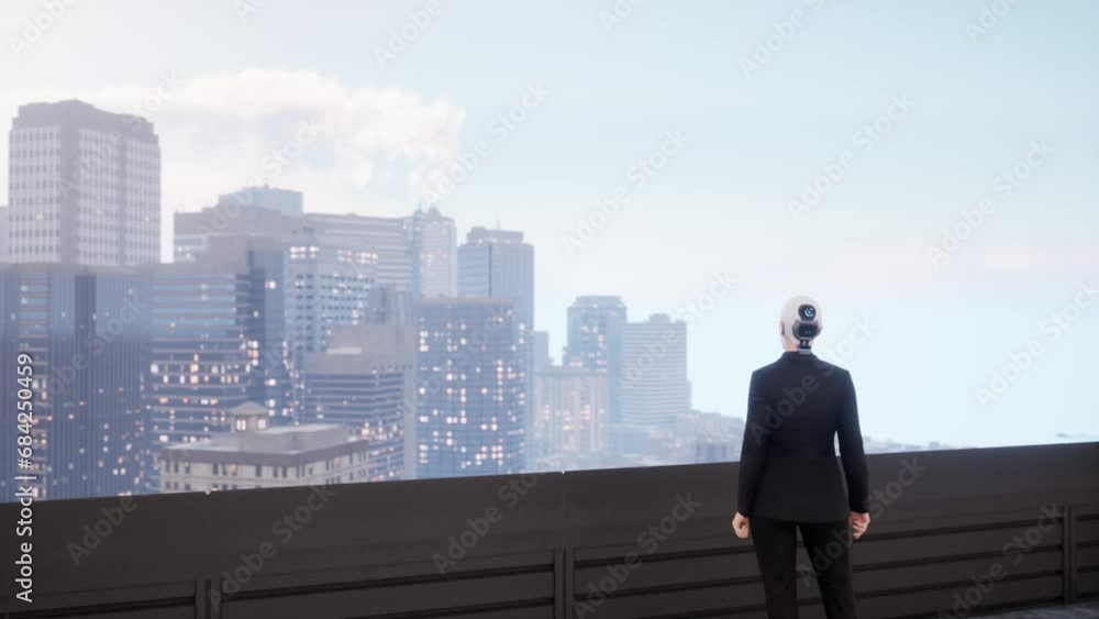 a female humanoid robot at the building's roof looking at the big city. future technology concept a female humanoid robot at the building's roof looking at the big city. future technology concept