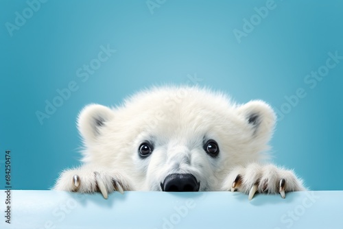 White polar bear stands on paws on ice floe. flat cartoon illustration. North animal. AI generated image