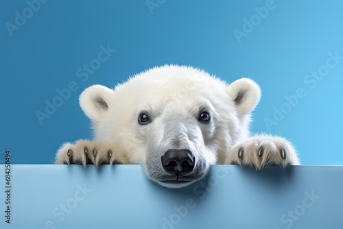 White polar bear stands on paws on ice floe. flat cartoon illustration. North animal. AI generated image photo