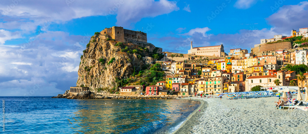  scenic places of Italy . beautiful beaches and towns of Calabria - medieval Scilla town . Italian summmer holidays. - obrazy, fototapety, plakaty 