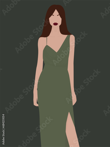 Vector flat image of a young girl with long hair. Lady in a long sundress with a slit. Design for avatars, posters, backgrounds, templates, banners, textiles, cards.
