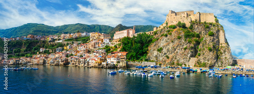  scenic places of Italy . beautiful beaches and towns of Calabria - medieval Scilla town . Italian summmer holidays. photo