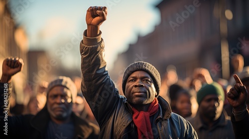 black race activist with raised fists, creating a strong sense of solidarity and determination, black History Month © cristian