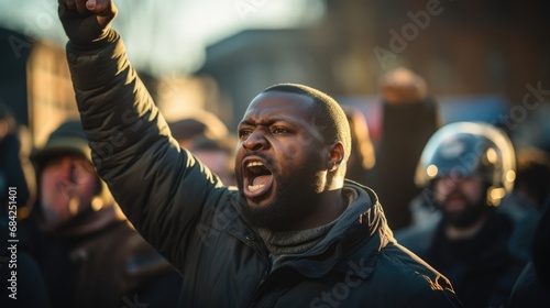 black race activist with raised fists, creating a strong sense of solidarity and determination, black History Month photo