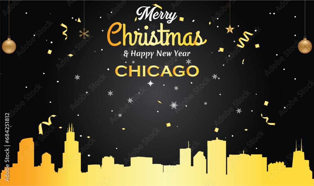 Christmas and New year black greeting card with golden panorama of the city of Chicago, Illinois - US State