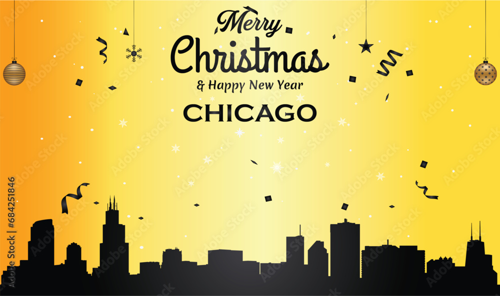 Christmas and New year golden greeting card with black panorama of the city of Chicago, Illinois - US State