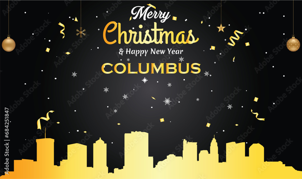 Christmas and New year black greeting card with golden panorama of the city of Columbus, Ohio - US State