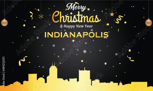 Christmas and New year black greeting card with golden panorama of the city of Indianapolis, Indiana- US State