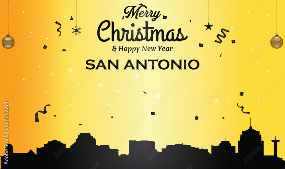 Christmas and New year golden greeting card with black panorama of the city of San Antonio, Texas- US State
