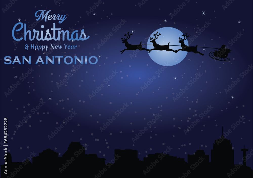 Naklejka premium Christmas and New year dark blue greeting card with Santa Claus silhouette and black panorama of the city of San Antonio, Texas- US State