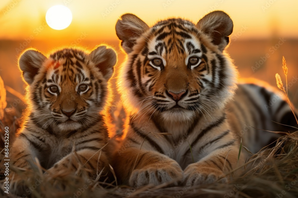 The muzzles of a tiger mom and a tiger cub on the background of a summer sunset in the wild. Portrait. The muzzles of a tiger mom and a tiger cub on the background of a summer sunset in the wild. Portrait.