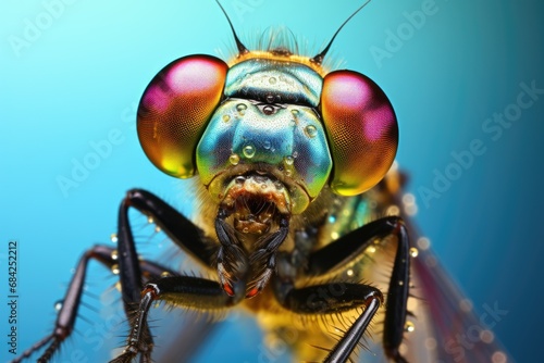 The snout of a dragonfly . Macro photo.Close-up. A predatory insect. Front view.