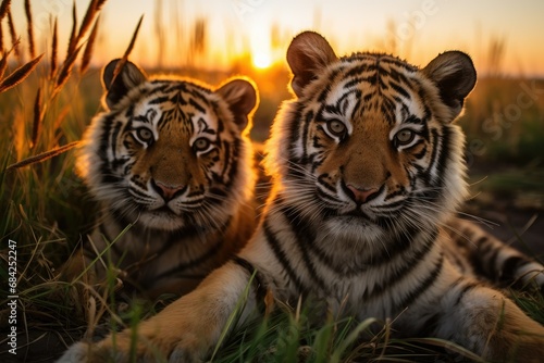 pair of tigers in the grass in the prairies and looking into the camera against the background of a sunset in the prairies.