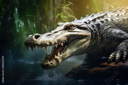 The muzzle with the open mouth of a crocodile on the background of the river. The open mouth of a predatory  waterfowl animal. Close-up. Side view.