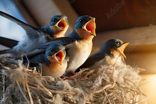 Foto Swallow chicks in the nest look at the mother swallow in flight near them