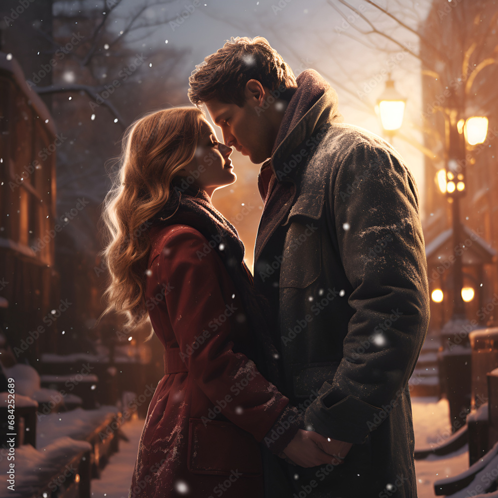 romantic couple of lovers in the winter city, happy new year kiss romantic couple of lovers in the winter city, happy new year kiss