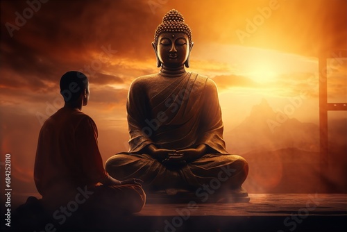 A monk meditating in front of a large Buddha statue