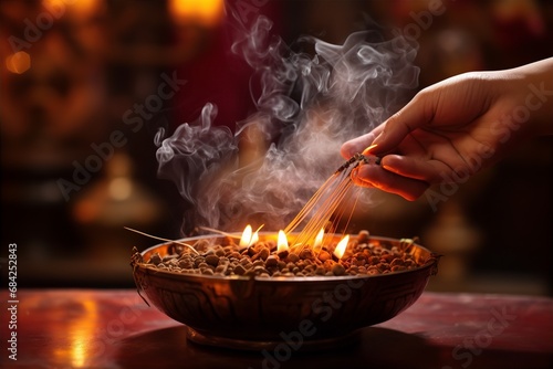 Someone burning joss paper in an incense pot at a shrine
