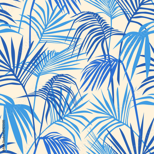 blue palm tree leaves seamless repeat pattern design, tropical palm fronds texture,  modern contemporary nature boho chic foliage print, vector illustration graphic.