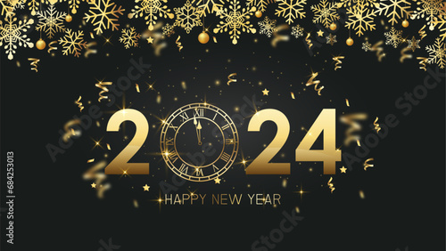 happy new year 2024 and clock countdown gold glitter celebration on bark background. greeting card new year 2024 festive. vector illustration background.