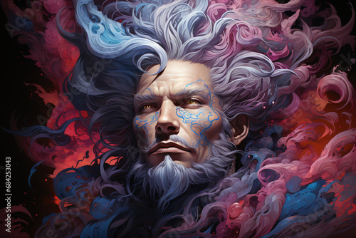 sorcerer  warlock  evil magician  witcher. a negative fantasy character. portrait of a man with a mustache and curly beard  colorful illustration.