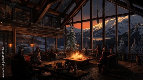 cozy cabin for snowboarders with an open fireplace and panoramic mountain views, banner