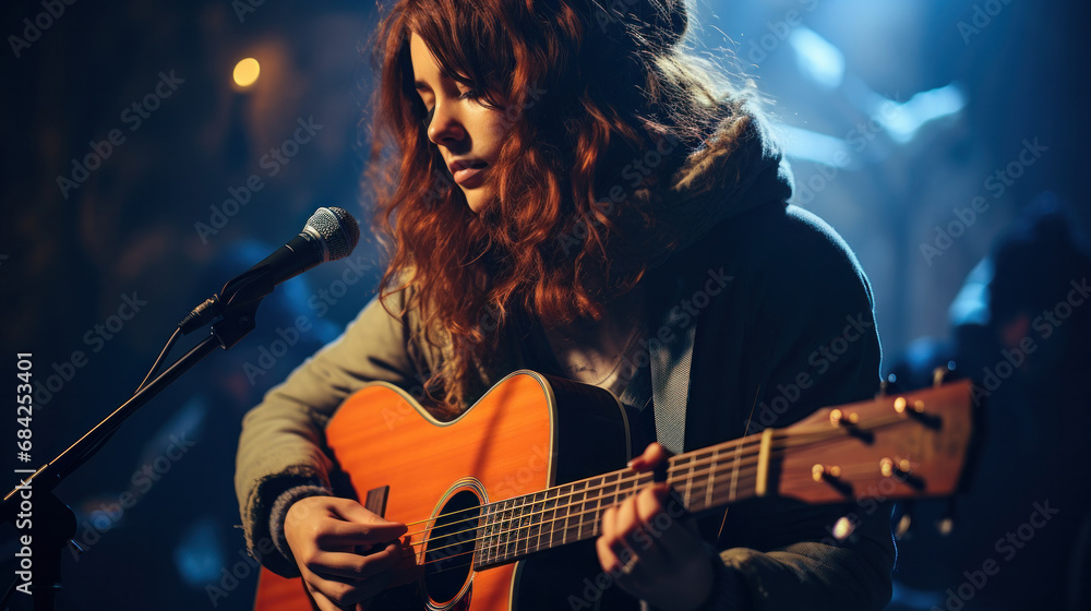 Obraz premium Female guitarist performing at a concert.
