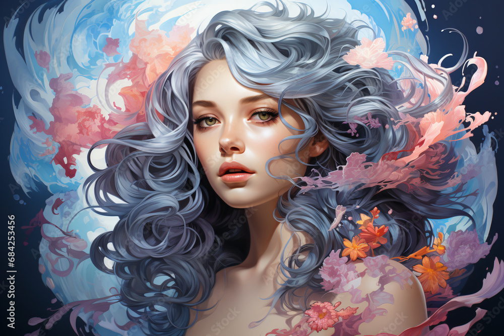 stunningly beautiful young woman, girl, with flowing curly hair. a feminine image of purity and youth in lilac-pink tones. stunningly beautiful young woman, girl, with flowing curly hair. a feminine image of purity and youth in lilac-pink tones.
