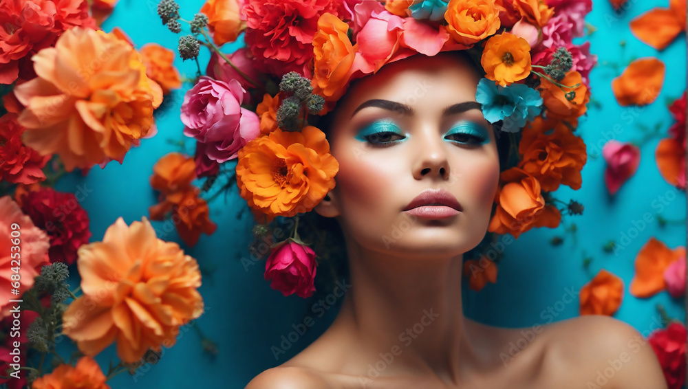 Beautiful girl with flowers. Stunning brunette girl with big bouquet flowers of roses. Closeup face of young beautiful woman with a healthy clean skin. Pretty woman with bright makeup Beautiful girl with flowers. Stunning brunette girl with big bouquet flowers of roses. Closeup face of young beautiful woman with a healthy clean skin. Pretty woman with bright makeup