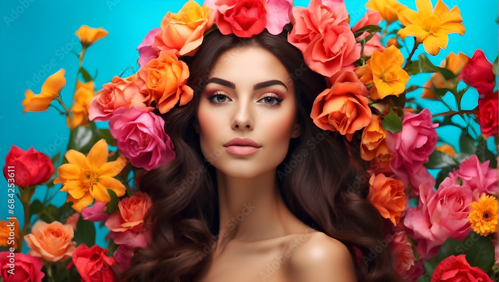 Portrait of gorgeous women with flowers. Stunning brunette girl with big bouquet flowers of roses. Closeup face of young beautiful woman with a healthy clean skin. Pretty woman with bright makeup